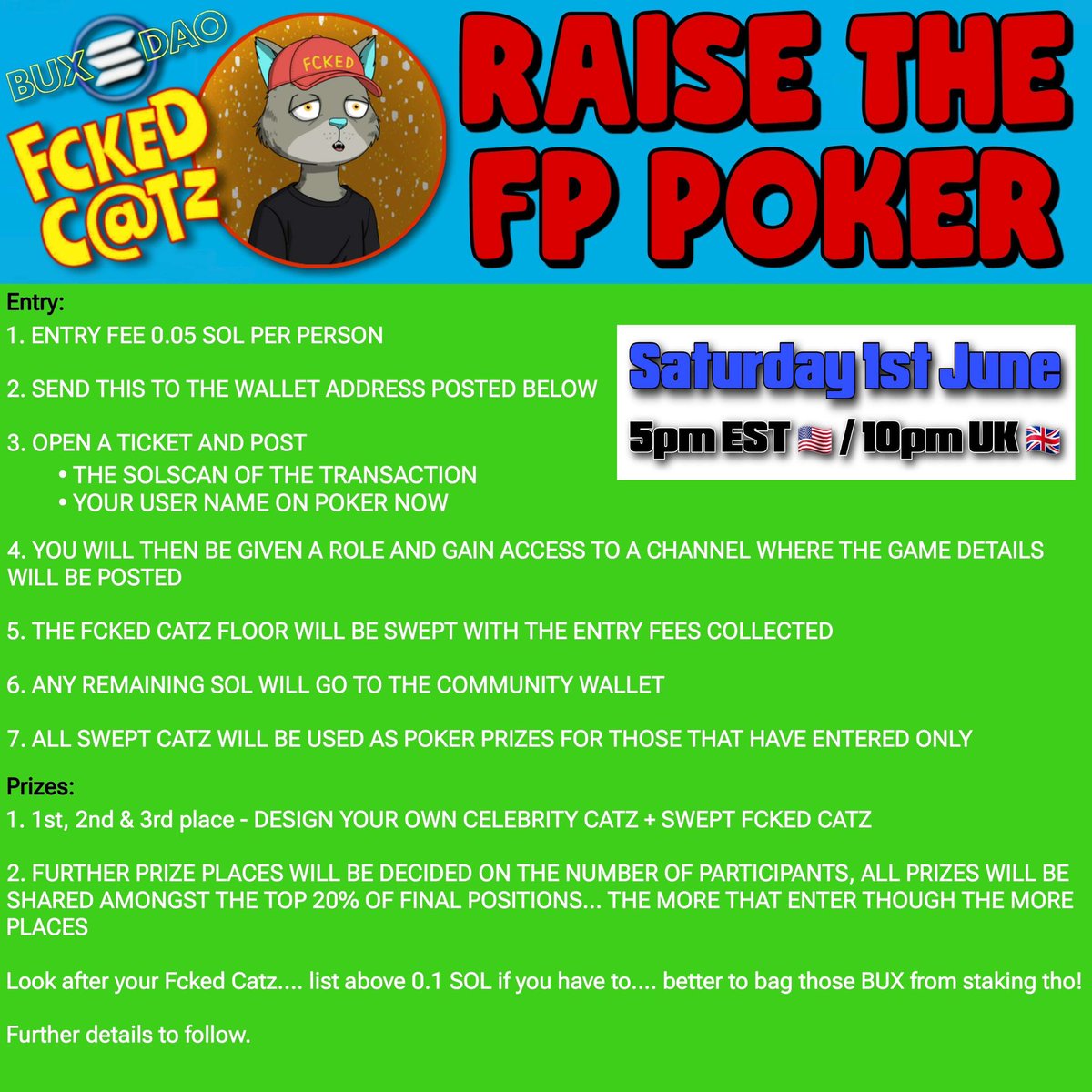 fcked_catz's tweet image. Tell a friend to tell a friend, own some dope arts with just 0.05 $SOL as entry fee to an exclusive poker tourney this Saturday.
Details here: discord.gg/vGy5FGTMB5
#solala #Sol