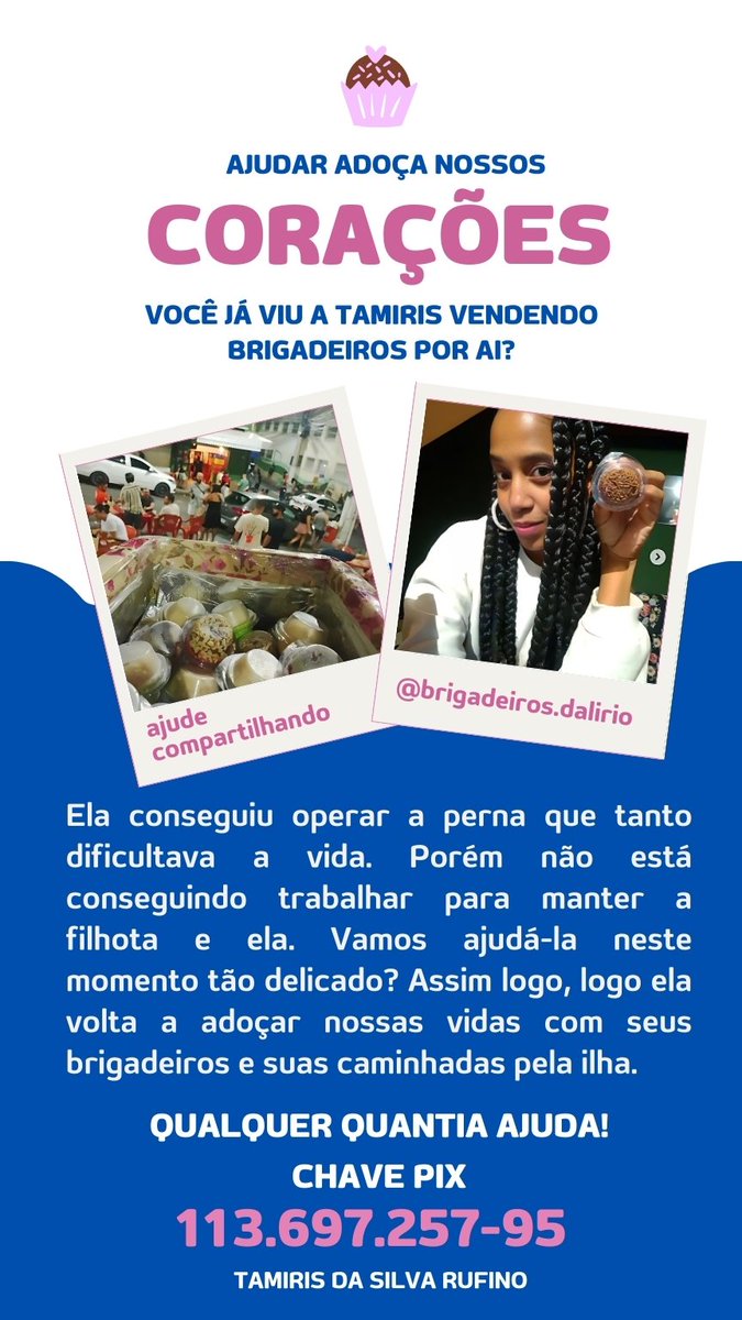 Se você frequenta o Centro de Vitória com certeza já viu a Tamiris por aí vendendo brigadeiros né?

Ela conseguiu e nesse momento de recuperação precisa de nossa ajuda!

Se não puder ajudar monetariamente, ajude compartilhando esse tweet e fazendo ele chegar em mais pessoas 💕