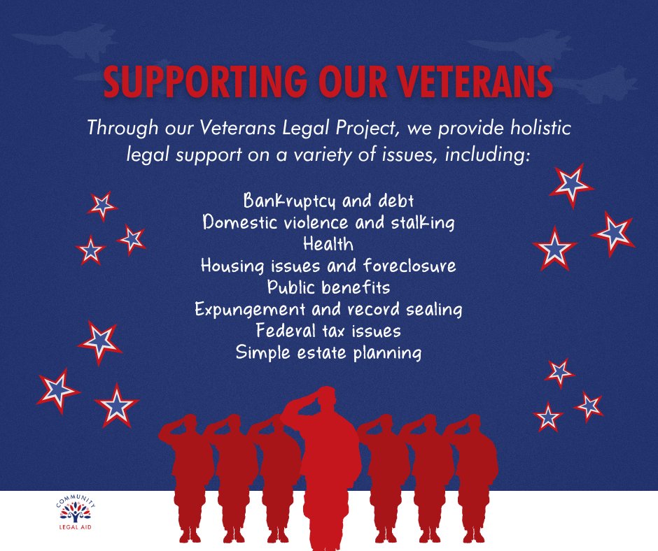 Our Veterans Legal Project serves low-income veterans and active-duty military members and their families. #veterans #militaryappreciationmonth #veteransproject

Apply for help ➜  communitylegalaid.org/apply