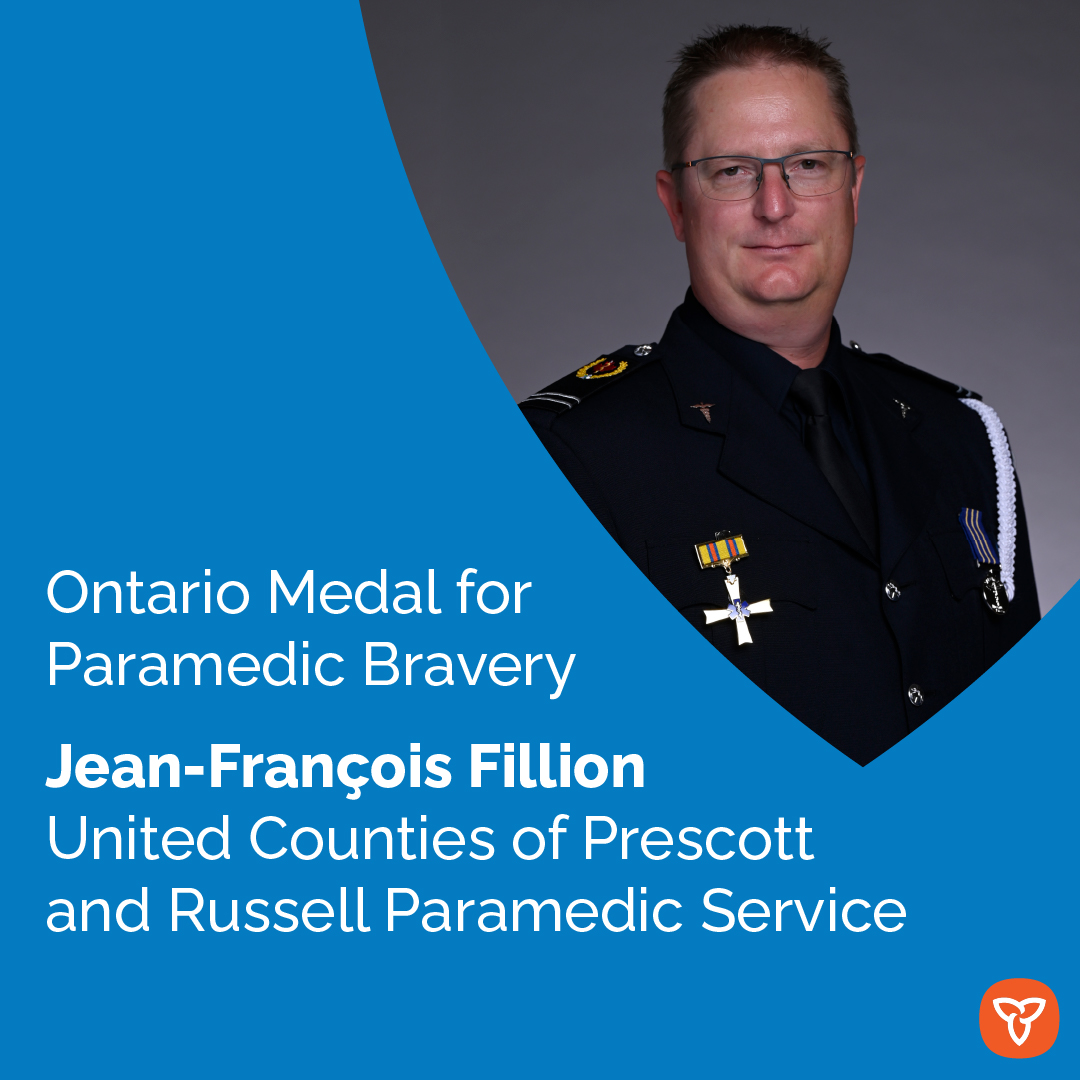 Congratulations to Jean-François Fillion from the United Counties of Prescott and Russell Paramedic Service on your Ontario Medal for #Paramedic Bravery.

Learn more about Jean-François’s story: news.ontario.ca/en/backgrounde…