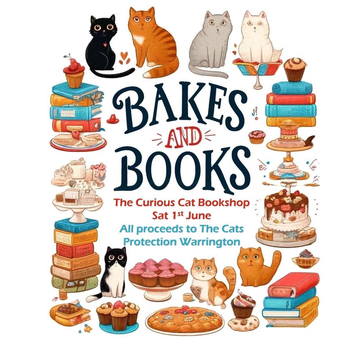 Saturday 1st June, 9am-5pm #TheCuriousCatBookshop #Frodsham are hosting a charity event ‘Bakes & Books’ to support cats in our care 🍰📚 50 Main Street, Frodsham, WA6 7AU. They will also be accepting cat food and cat essentials on our behalf 😻 #CatsOnTwitter #CatsOnX