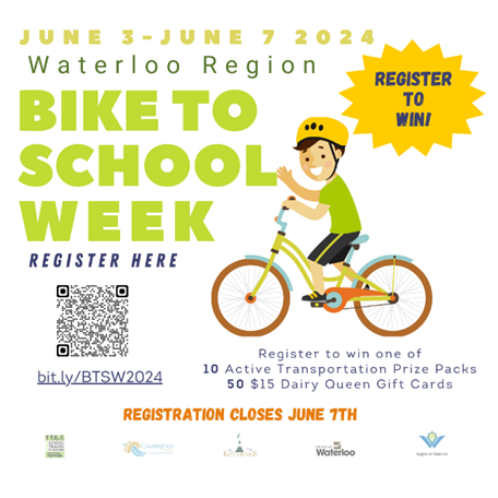 Bike to School Week is June 3-7! 🚴‍♀️🚴🚴‍♂️

Biking to school is a great way to stay
active and have fun!

Bike to school any day from June 3-7, and register here for a chance to win an active transportation prize
package or a Dairy Queen gift card!
bit.ly/BTSW2024 #BTSW2024