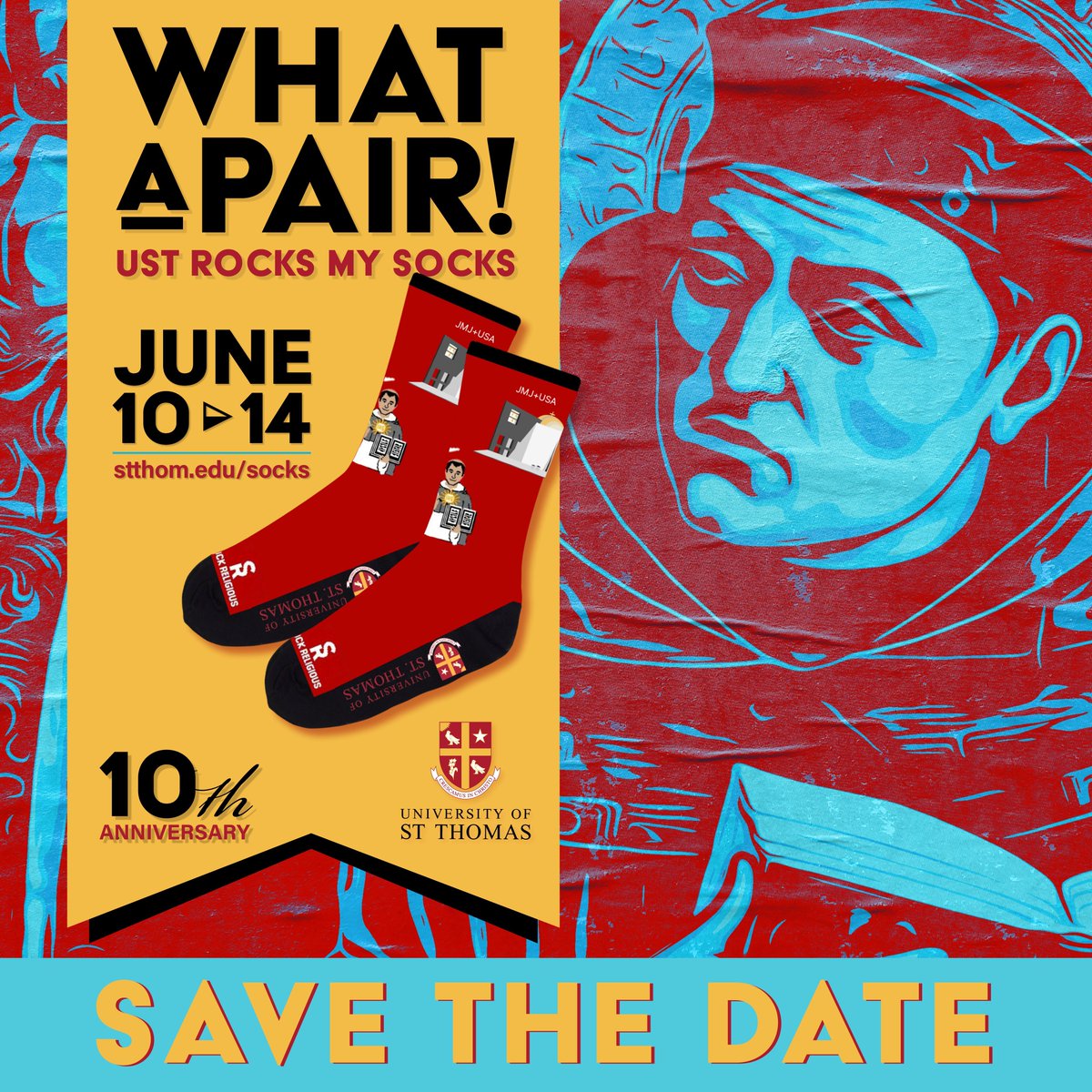 "UST Rocks My Socks" is celebrating its 10th year! The 2024 design pays homage to the university's heritage &amp; iconic landmarks by featuring the namesake of the university, St. Thomas Aquinas, and the breathtaking Chapel of St. Basil. Learn more by visiting buff.ly/3yDDrv8