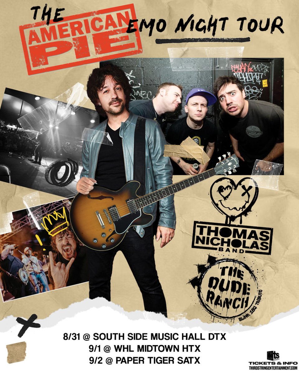 Special Announcement 🥧 The American Pie Emo Night Tour is coming to Dallas, Houston, and San Antonio to celebrate its 25th Anniversary ft. a panel, @TINBand  @DudeRanchGARS and a DJ set! Tickets on sale Fri 5/31 @ 10AM 🎟️ @gilleysdallas @WHLMidtown @papertigersa