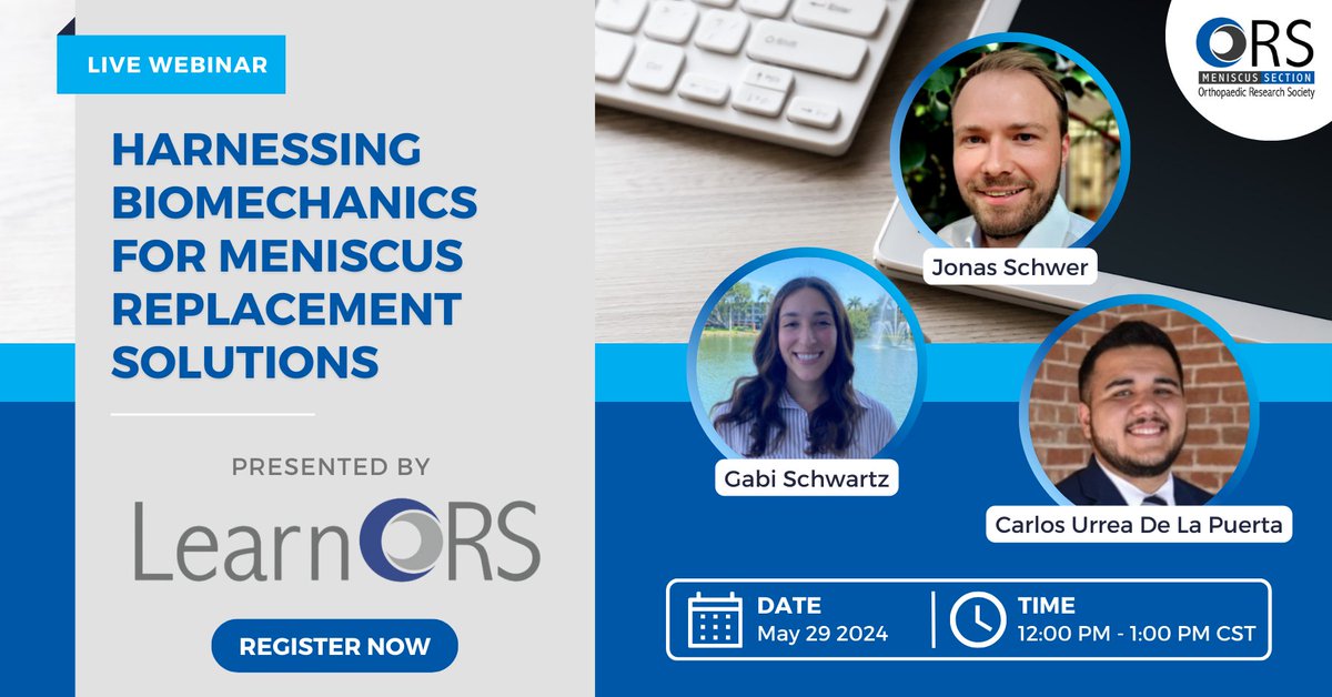 🌐 TOMORROW is the next LearnORS #WebinarWednesday! PhD students from @OrsMeniscus will present their discoveries, receive feedback on their work, & engage the community in scientific discussion about the recent development in #orthoresearch. Register now: bit.ly/4dLKzFM