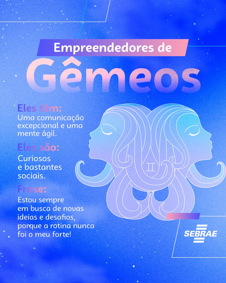 CESebrae's tweet photo. Gêmeos ♊ na área! Esses empreendedores são comunicadores excepcionais, capazes de inspirar e liderar suas equipes com entusiasmo.

Marque aqui os seus amigos empreendedores do signo de Gêmeos. 👇

#sebraece #gemeos #empreendedor #coragem https://t.co/dHc1YNVGzL
