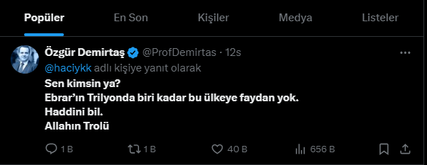 Ebrar Karakurt’u hedef alan Hacı Yakışıklı ’ya haddini bildirerek hepimizin duygularına tercüman olan  Özgür Demirtaş için kocaman bir alkış rica ediyorum.

İlk alkış benden

@ProfDemirtas 👏👏👏