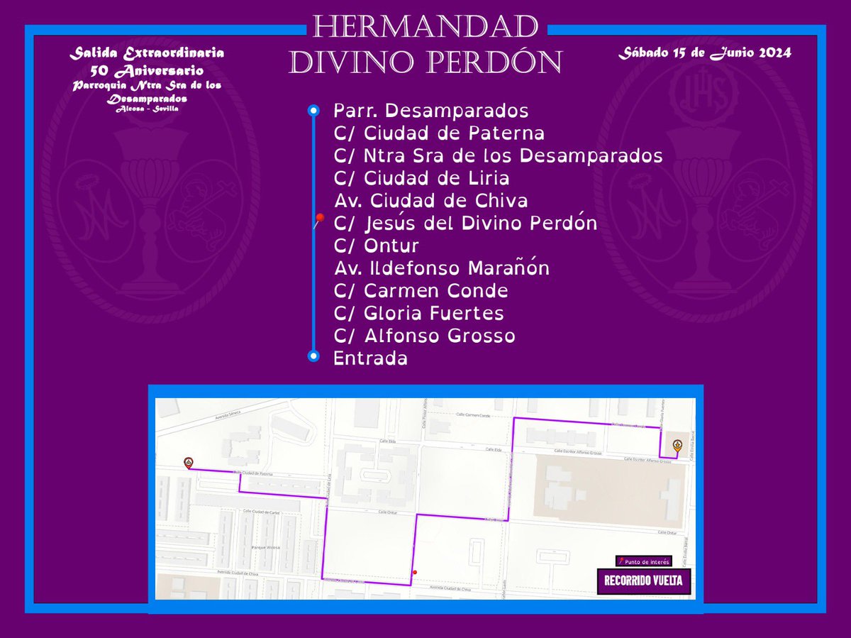 𝗡𝗢𝗧𝗜𝗖𝗜𝗔𝗦 | Este será el recorrido de la extraordinaria de Alcosa por el L Aniversario de la Parroquia de los Desamparados con las Hermandades del Divino Perdón, Desamparados y San Francisco de Asís ✍🏻 @HdaDivinoPerdon