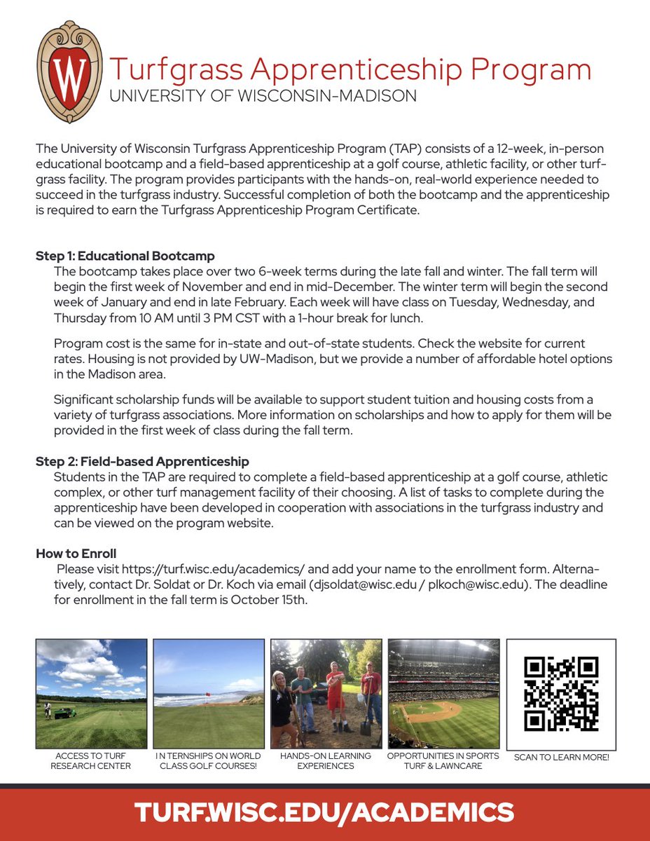 Enrollment in our 24-25 Turfgrass Apprenticeship Program is on track to sell out. If you're interested in an in-person option to advance your turf career check out this video to learn more: turf.wisc.edu/wp-content/upl… For more details, and to enroll, visit turf.wisc.edu/tap/
