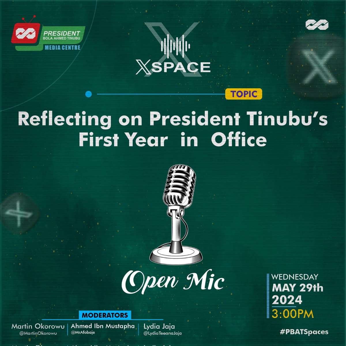 Tune in by 3pm tomorrow to join PBAT Media Center special edition of #PBATSpaces to mark the first anniversary of President Bola Ahmed Tinubu in office. Theme: 'Reflecting on President Tinubu's First Year in Office.' Hosts: @MrAfobaje @LydiaTeeanaJaja @martinokorowu