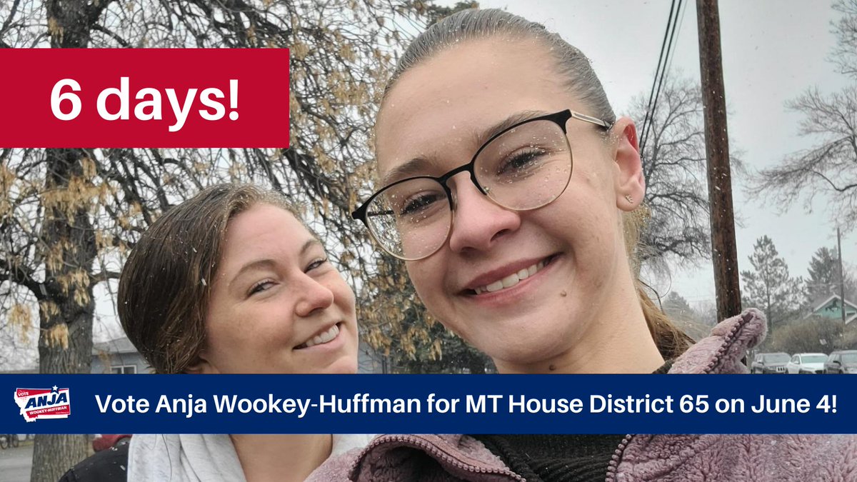 We've knocked in rain, snow &amp; sunshine. We're not done yet! With less than a week to go, there are many opportunities to help get out the vote in #HD65.

Starting Friday, we have shifts every day to remind folks it's time to VOTE!

Details anjaformontana.com/events-1. #mtleg #mtpol