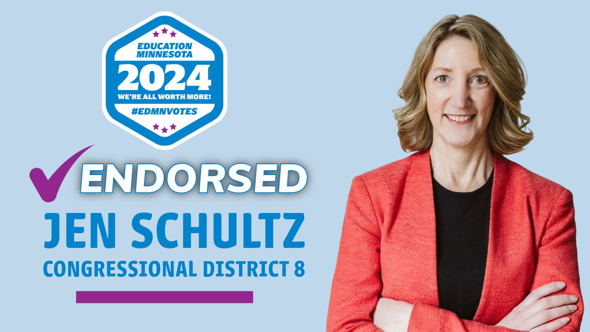 NEW: Education Minnesota is proud to endorse educator and union member @RepJenSchultz for election to the U.S. House in CD 8 edmn.me/3zUjnCW #edmnvotes