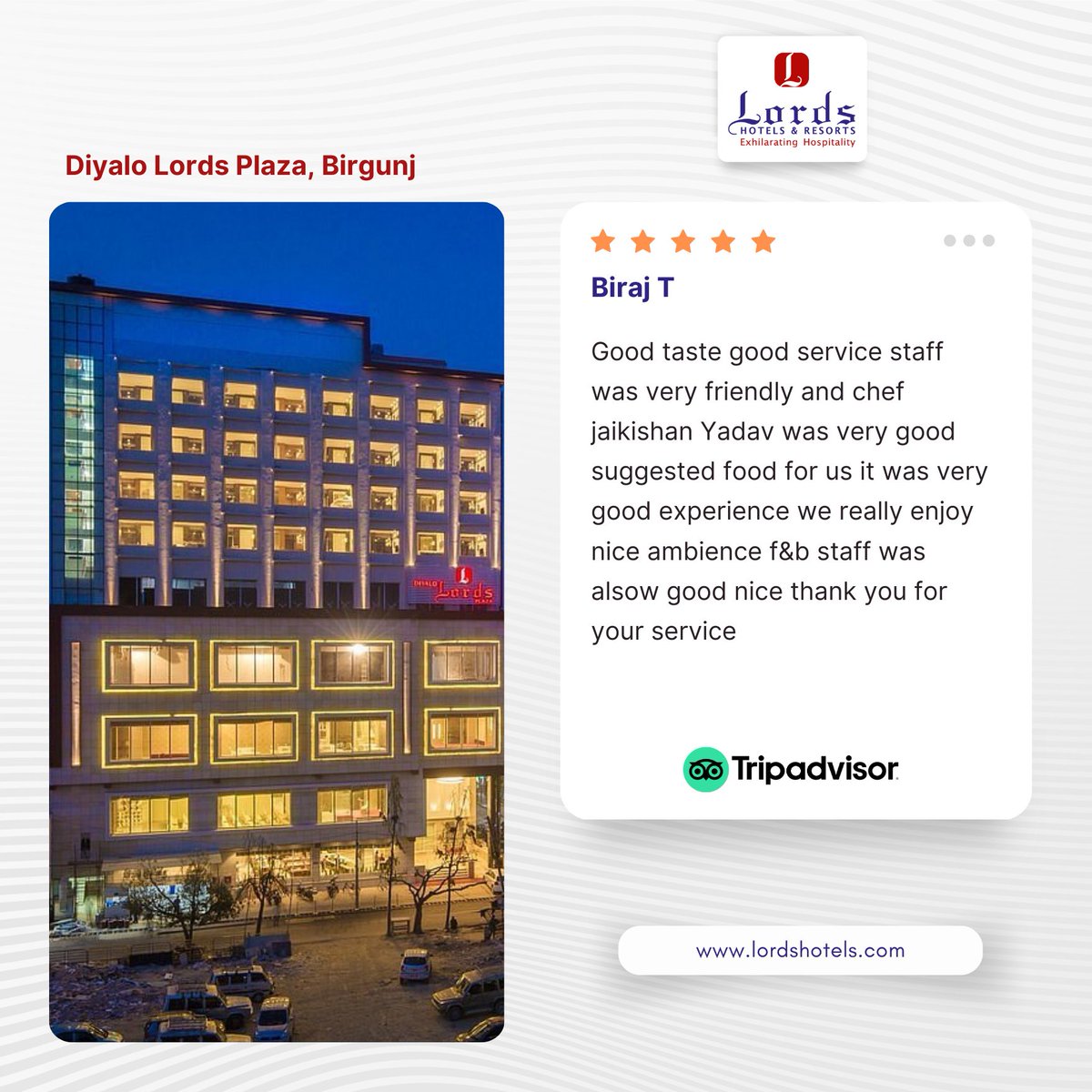 LordshotelsR's tweet photo. It's always delightful to receive such great reviews from our dearest guest who choose to stay with us at @diyalolords_plaza
Thank you Biraj T, we would love to host you again 📷#lordsplaza #truevalue #DiyaloLordsPlaza #gueststatisfaction #hotelreview #TripAdvisorReviews https://t.co/6CJXmkigfZ