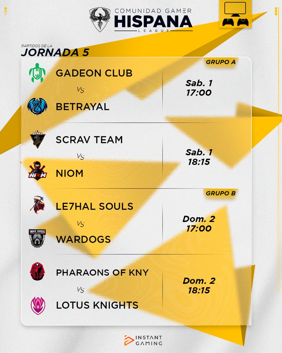 📆 ||  𝐉𝐎𝐑𝐍𝐀𝐃𝐀 𝟱

Última jornada para descubrir quienes serán los 6 equipos que pasaran a las finales.👀

¡suerte a todos los equipos!🍀

#CGHLeague 🎮