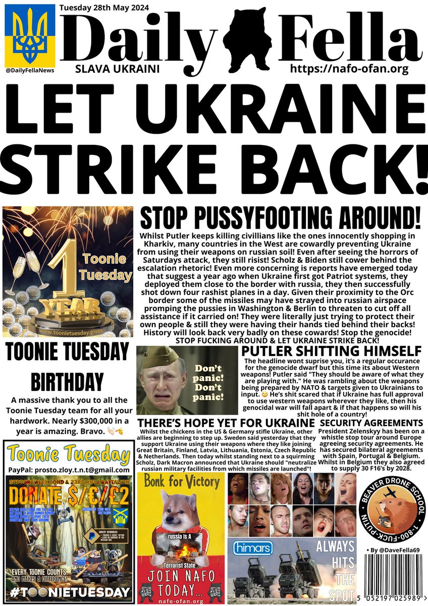 It’s @toonie_tuesday’s birthday & today it’s in aid of @AlexBondODUA so please get your toonies out & make it a day to remember. #LetUkraineStrikeBack Putin is running scared so allow Ukraine to strike russia!! #DailyFella #DailyFellaNews #SlavaUkraini #NAFO