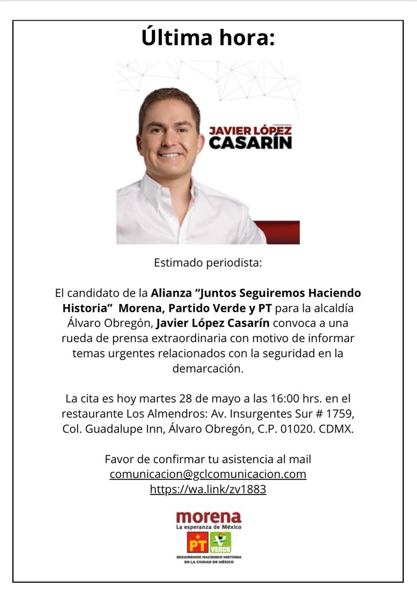 Los convoco a una conferencia de prensa extraordinaria hoy a las 4:00 pm. #ConCasarín #CasarínGana #AlvaroObregon #CasarínAlcalde