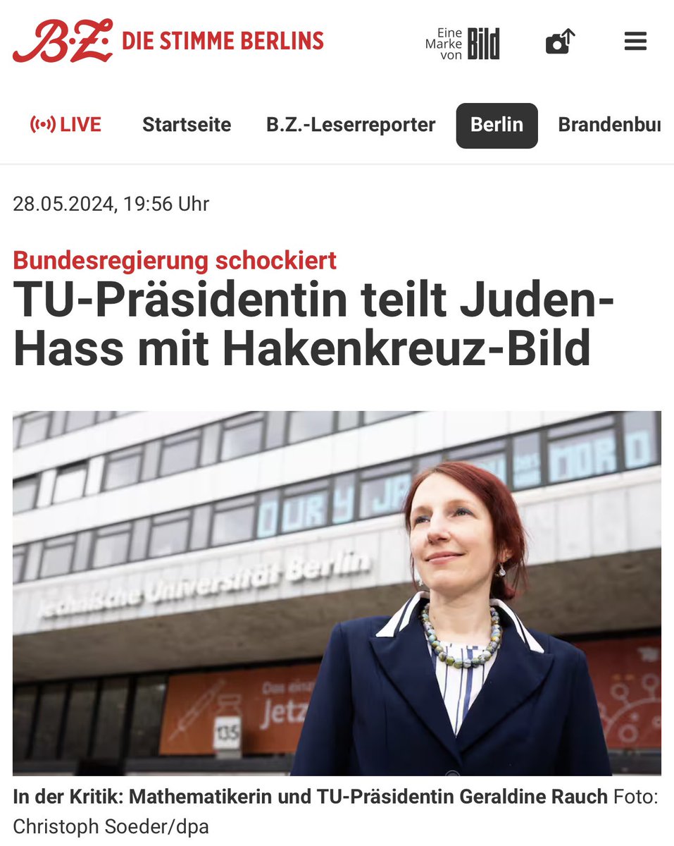 Zeit für eine richtige Staatskrise @Bundeskanzler! Eine Exmatrikulation wegen #Antisemitismus lehnte Universitätspräsidentin Geraldine Rauch ab, jetzt wissen wir warum: bz-berlin.de/berlin/tu-prae…