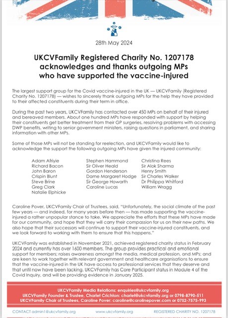 UKCVFamily have had the support of a number of MPs and we wish those who are now stepping down all the best for the future and thank them for the kindness shown to us and our members. We look forward to continue working with our other supportive MPs and hopefully many more in