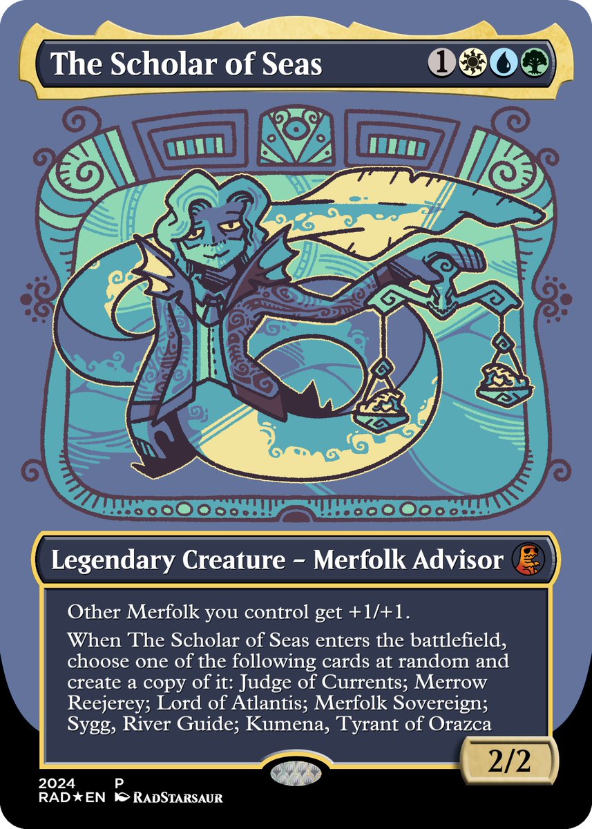It occurred to me that we're already near the end of #mermay24 , and I haven't drawn a SINGLE mermaid. I ALSO had a #MagicTheGathering playtest card on my to-draw list that happened to be a merfolk. So here's The Scholar of Seas!