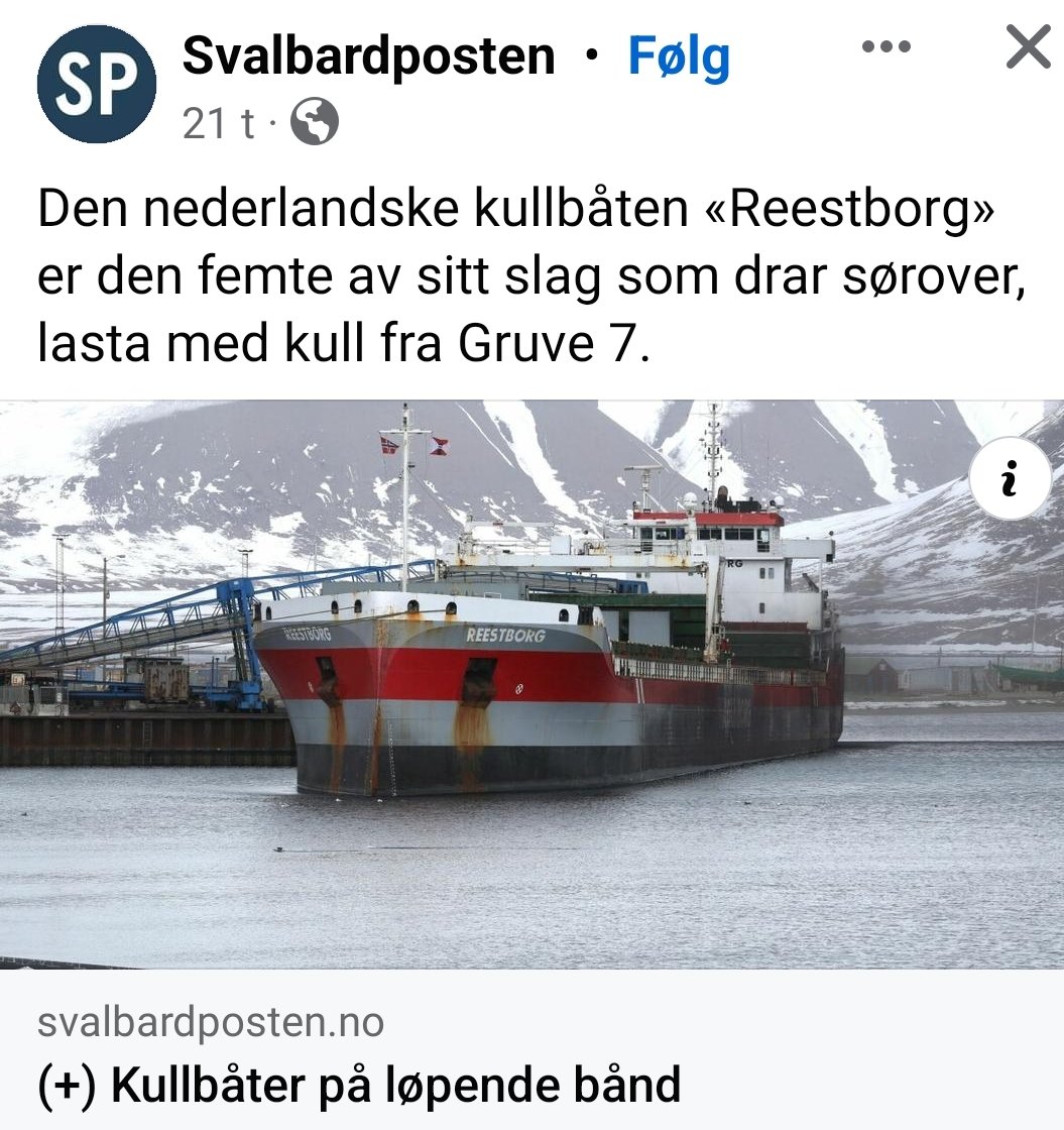 Svalbard hadde kullkraftverk som wokerne i Norsk politikk fikk lagt ned. Nå valfarter båter fra EU opp for og hente kull til nettopp #kullkraftverk #detgrønneskiftet #idioti Og vi inngår samarbeid med #EU og tror de vil hjelpe oss ? @Regjeringen