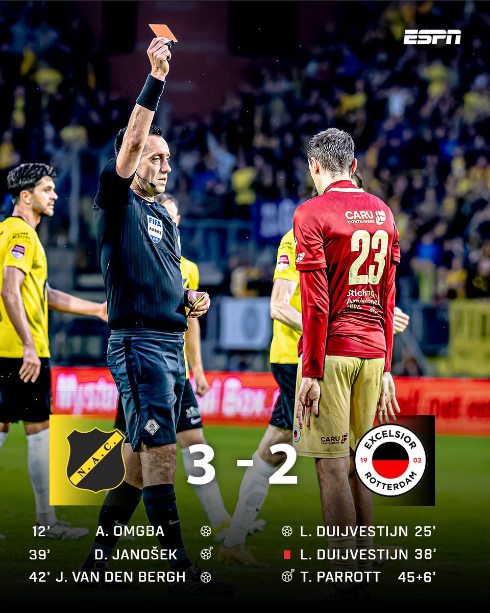 ESPNnl's tweet photo. NAC begint met een voorsprong en een man meer aan de tweede helft ⏱️

#nacexc https://t.co/kjKXajDyn0