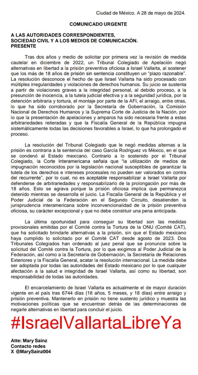 Urgente!! Comunicado contra resolución arbitraria que violenta todo Estado de derecho en caso de #IsraelVallartaLibreYa 18 años 5 meses y 18 días Sin sentencia. @ONUDHmexico @CorteIDH 👇