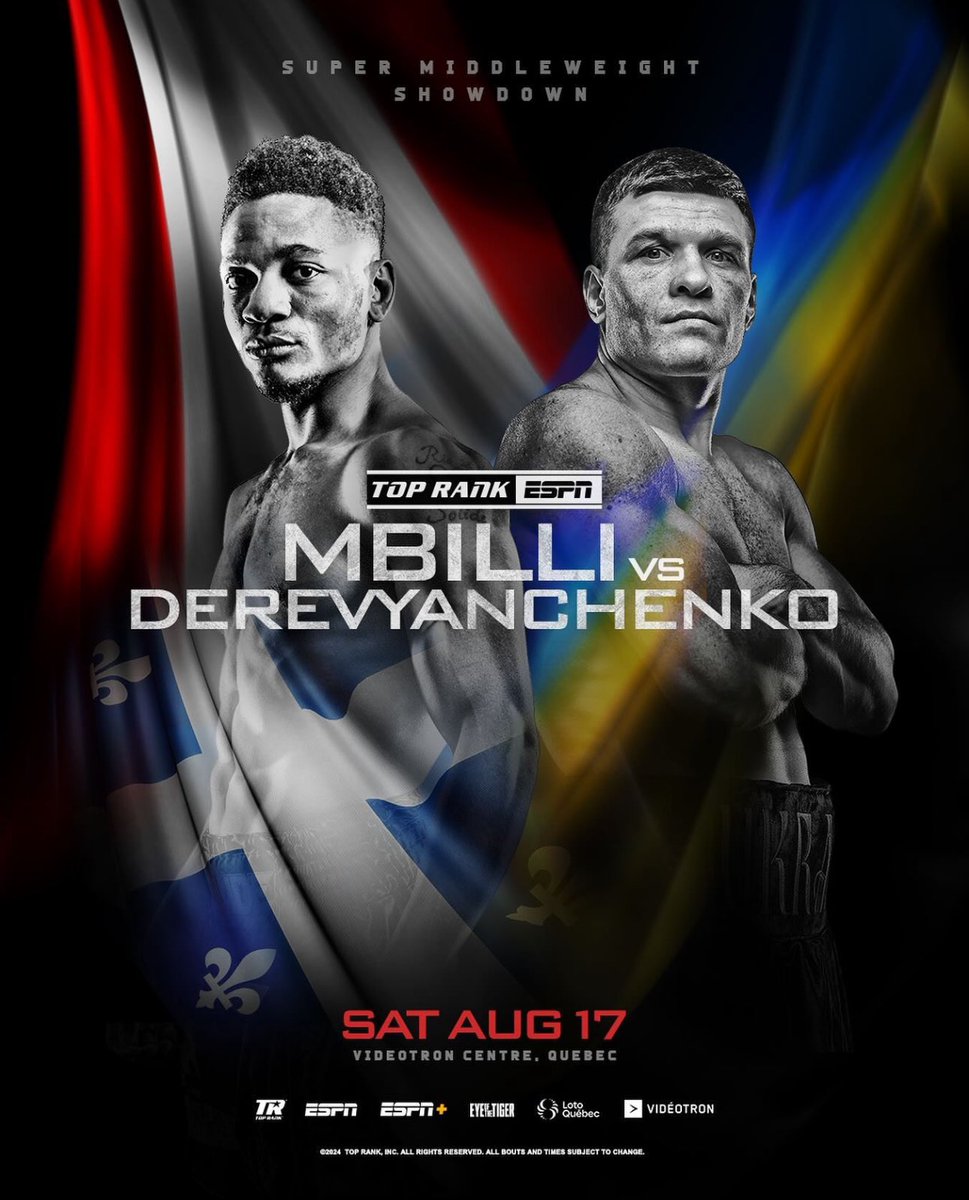 Super Middleweight Contender Christian “Solide” Mbilli 27-0-23 KO’s will face his toughest test against Sergiy “The Technician” Derevyanchenko on ESPN Aug. 17th in Quebec Canada. #mbilliderevyanchenko #toprankboxing #espnboxing #brooklynboxing #canadaboxing #fighthooknews