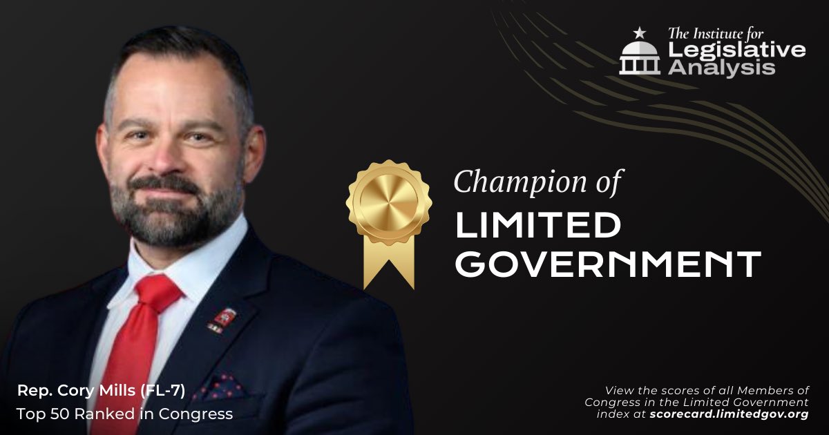 CoryMillsFL's tweet photo. Honored to earn the Champion of Limited Government Award for my voting record – one of the Top 50 in Congress most aligned with the limited government principles of the U.S. Constitution. This ranking was based on nearly 65,000 votes – the most expansive study performed on Congress.