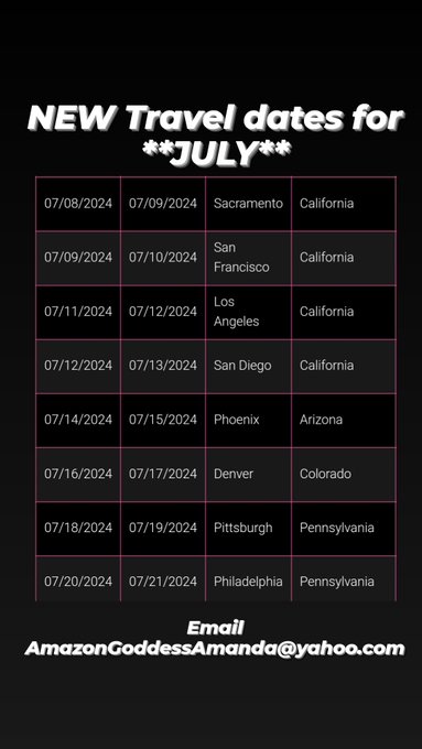 NEW Tour dates for JUNE and JULY For info and to book, Email Me at AmazonGoddessAmanda@yahoo.com https://t