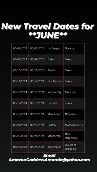 NEW Tour dates for JUNE and JULY For info and to book, Email Me at AmazonGoddessAmanda@yahoo.com https://t