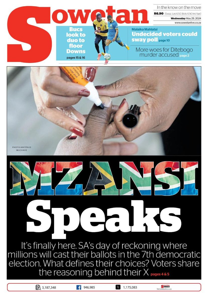 IN THE SOWETAN TOMORROW : It’s finally here. SA's day of reckoning where millions will cast their ballots in the 7th democratic election. What defines their choices? Voters share the reasoning behind their X.