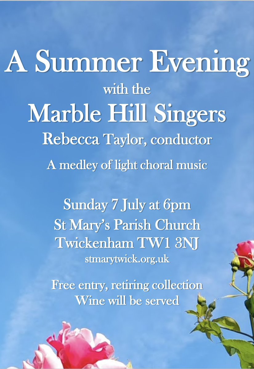 Marble Hill Singers (@marblehsingers) on Twitter photo Our next concert will be <a href="/StMaryTwick/">St Mary's Church</a> on 7 July, 6pm. It will feature a range of light choral music for a summer evening. Free entry, retiring collection for the church. Wine and soft drinks available. <a href="/ChurchStTwicker/">Church St Twickenham</a> Our next concert will be <a href="/StMaryTwick/">St Mary's Church</a> on 7 July, 6pm. It will feature a range of light choral music for a summer evening. Free entry, retiring collection for the church. Wine and soft drinks available. <a href="/ChurchStTwicker/">Church St Twickenham</a>