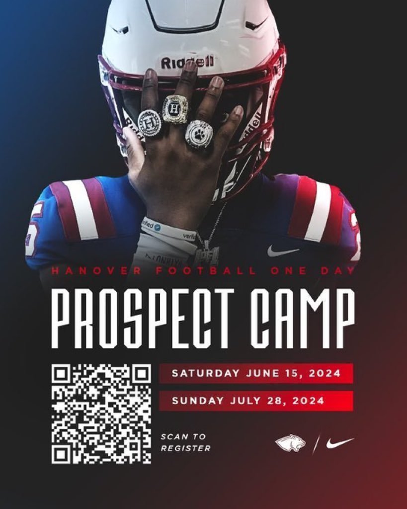 🔥 IT IS 🏈CAMP SEASON 🔥 🫵 Come Compete & get 1% Better @HanoverFTBL Prospect Camps this Summer ‼️ 🔴⚪️🔵 📱 Register Now, QR Code & Link 👇 🔗 hanoverfootballcamps.com #HuntForGreatness / #Hunt24gether