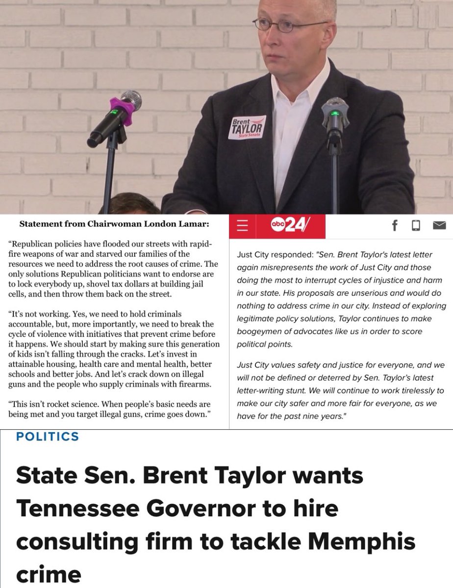 MEMPHIS - @SenBrentTaylor wants @GovBillLee to bring in a “crime consultant” (like Giuliani’s police commissioner) @JustCity901 calls the proposal “unserious” @SenatorLamar says focus on the root causes of crime — more jobs, less guns, fund education & housing & basic needs.