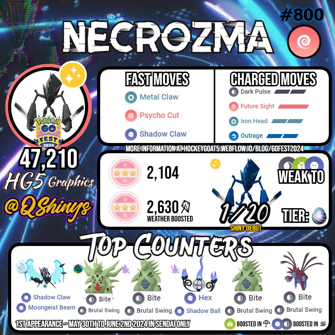 Necrozma DEBUTS to Tier 5 Raids in Sendai ONLY from May 30th (9:30am JST) to June 2nd (6:30pm JST).

📣 Shiny Necrozma only available in Sendai, you cannot use a remote raid to catch a Shiny Necrozma if you are not attending in-person.

#PokemonGO | #HG5Graphics x @Qshinys