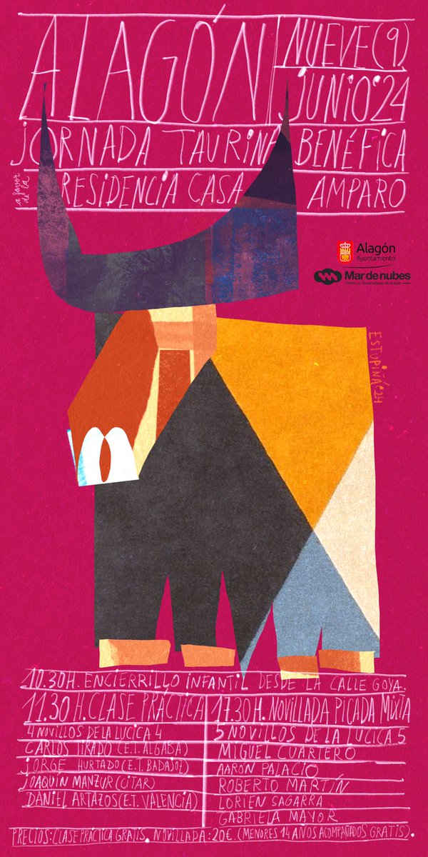 Cartel oficial para la Jornada Taurina benéfica a favor de la Residencia Casa Amparo de Alagón (Zaragoza).
Iván Estupiñá (2024)

Un placer poder contribuir con mi trabajo a esta iniciativa benéfica impulsada por <a href="/cetamardenubes/">Mar de Nubes</a> 💪🏻