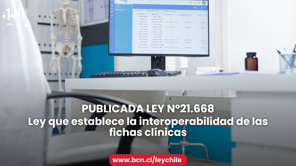 🔴Ley 21.668 | Modifica la ley Nº 20.584 con el objeto de establecer la interoperabilidad de las fichas clínicas.

👉Ver en Ley Chile: bcn.cl/leychile/naveg…
👉Ver Historia de la ley: bcn.cl/historiadelale…