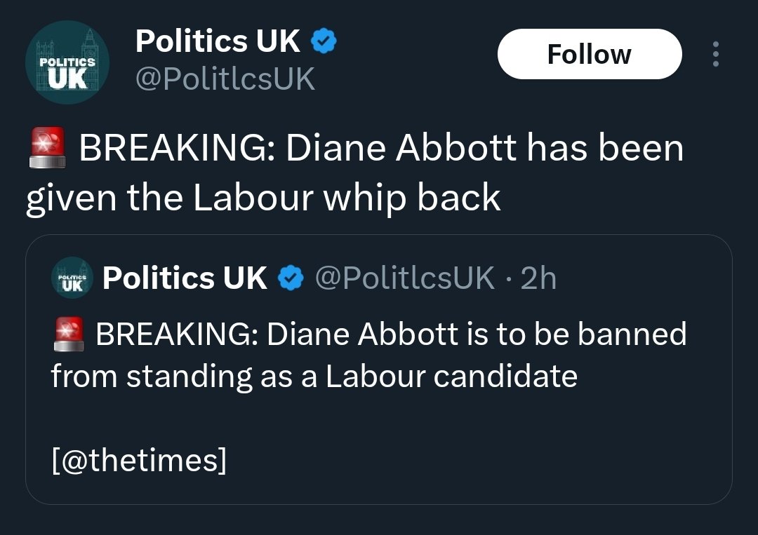 This us farcical and yet again shows the Labour Party up for who they really are. They will attempt to say 'oh we aren't racist bc we gave the whip back' while blocking her from standing in Hackney. Make it make sense

Do NOT vote for this rancid, racist party.

#istandwithdiane