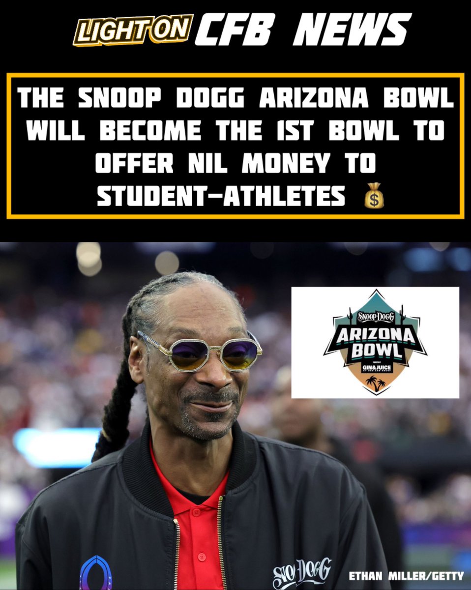 The Snoop Dogg Arizona Bowl will become the 1st bowl to offer NIL money to student-athletes 💰, per @Brett_McMurphy & @SnoopDogg. In a matchup featuring the Mountain West & MAC, @theARIZONABOWL will take place on December 28th in Tucson, AZ. 📸: Ethan Miller/Getty