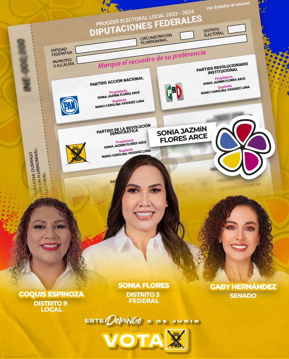 Este domingo 2 de junio puedes votar con #FuerzaYCorazón.

¡VOTA #PRD y juntos recuperemos el distrito 3 federal! 👊🏻🗳️

#TuFuturoEsAquí 🟡🔴🔵
#VotaSonia