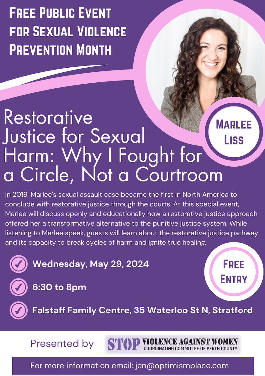 Join us TOMORROW at the @falstaffcentre to hear survivor-advocate Marlee Liss speak about Restorative Justice.
#SVPM2024 #endVAW #MarleeLiss