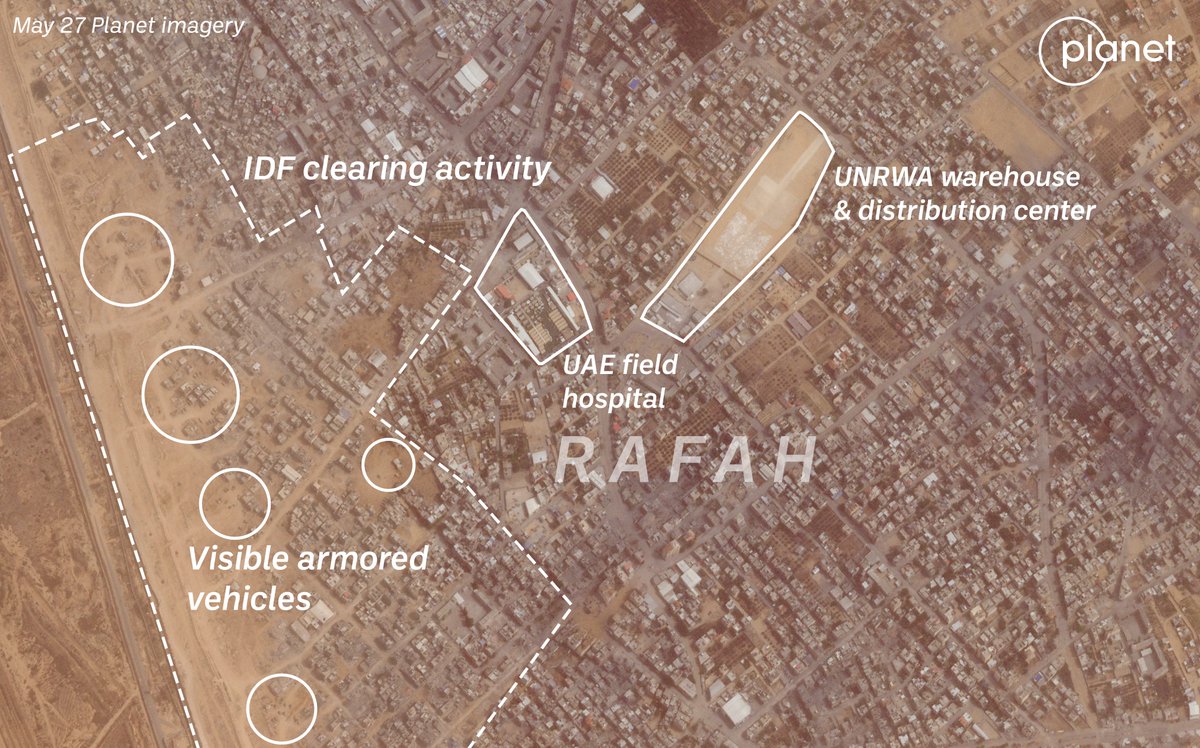 Latest @planet SkySat imagery from May 27 shows what appear to be IDF positions very close to where the UAE field hospital is located in Rafah's stadium (~300m). Multiple other armored vehicles visible in the area as well, and quite a bit of clearing compared with May 18 imagery.