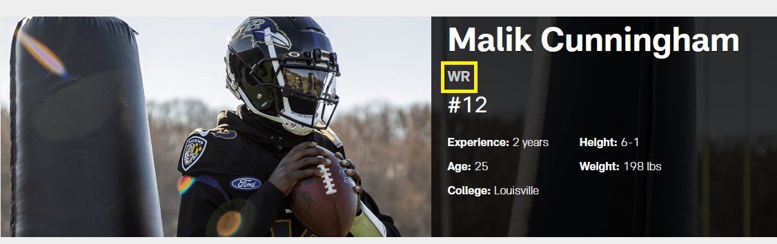 The #Ravens are no longer listing Malik Cunningham as a QB on their roster. His new position is officially WR.