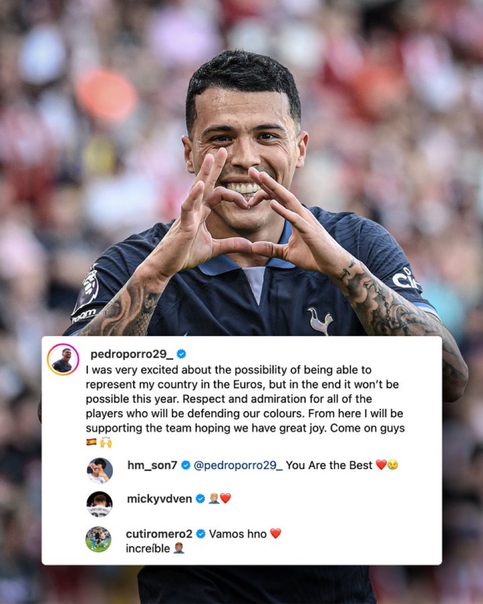 Pedro Porro is clearly gutted about the crazy decision to leave him out of Spain’s #EURO2024 squad, but he must so heartened by all the support from his fans and his Spurs teammates 🫶🏻

We are all with you @Pedroporro29_ - rest and come back stronger! 💪🤍🫶🏻

#THFC #COYS 🤍💙❤️‍🩹
