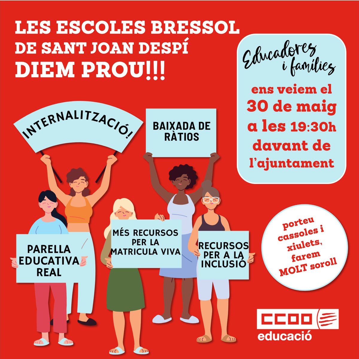 CCOOFundesplai's tweet photo. Aquest dijous tornem a acompanyar les treballadores de les EBM de #SantJoanDespí per seguir reclamant:
➖Baixada de ràtios 
➖Parella educativa
➖Recursos per afrontar la matrícula viva 
➖Recursos per atendre la inclusió
➖ Internalització del servei

La lluita continua ✊🏽🔴✊🏽🔴 https://t.co/jjVZwg2P57