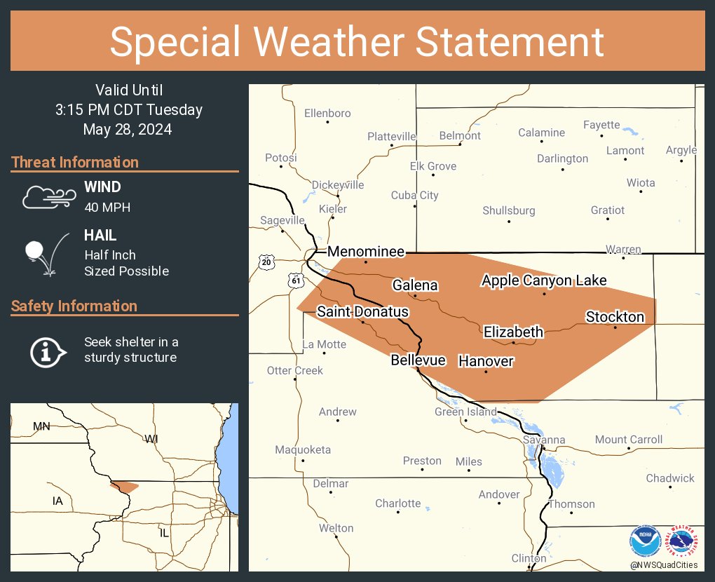 A special weather statement has been issued for Galena IL, Bellevue IA and Stockton IL until 3:15 PM CDT