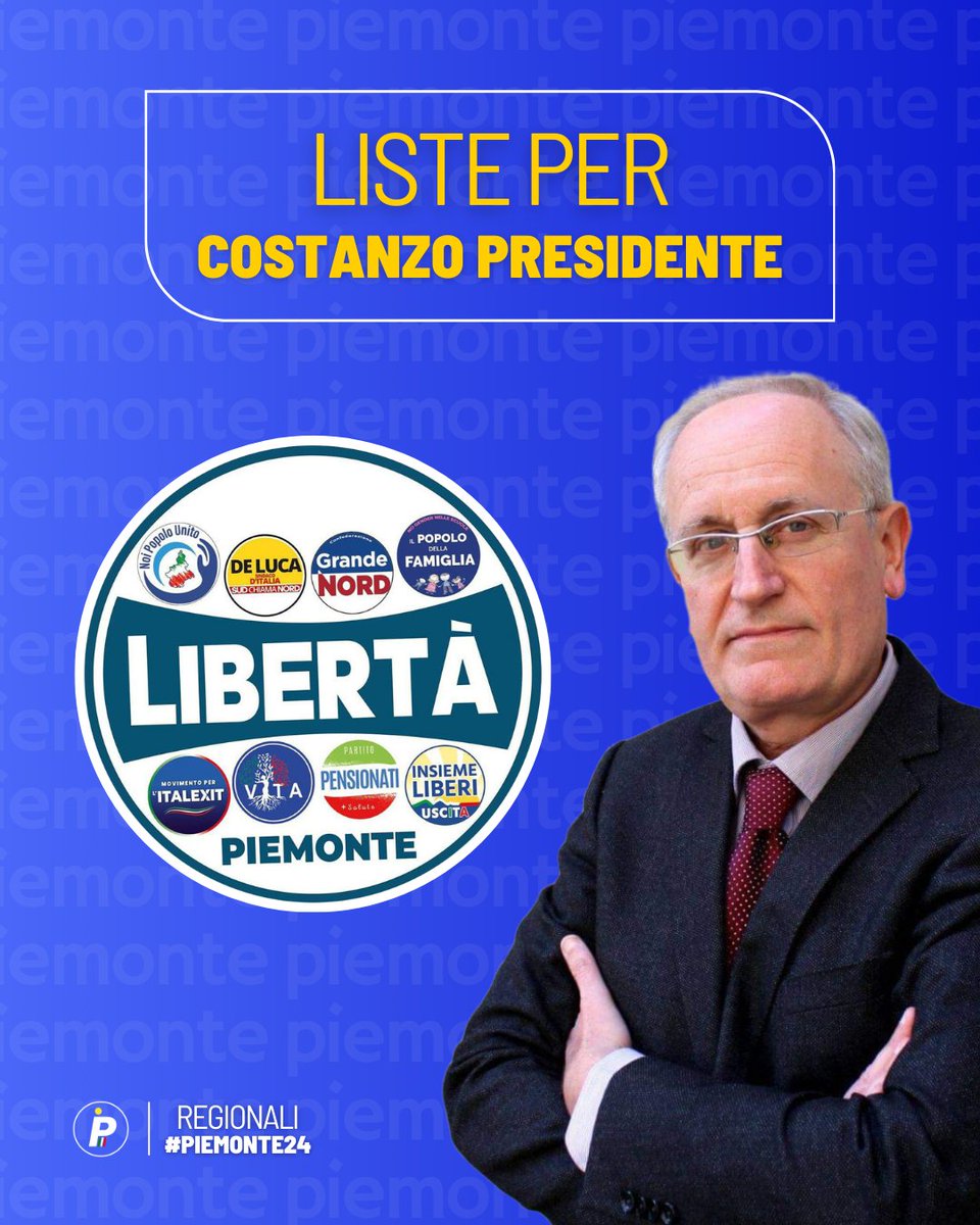 #Piemonte2024
🗳️ #AlbertoCostanzo è il candidato presidente in #Piemonte di Libertà, di Cateno De Luca, che riunisce anche Noi Popolo Unito, Grande Nord, il Popolo della Famiglia, Italexit, Vita, Partito Pensionati e Insieme Liberi-Uscita.