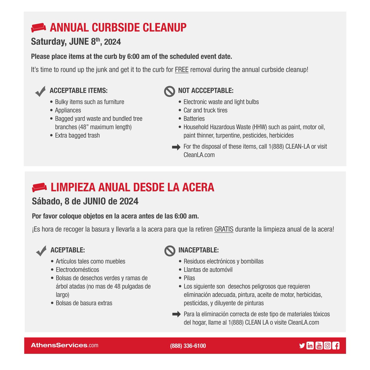 ANNUAL CURBSIDE CLEANUP
Saturday, June 8

Please place items at the curb by 6:00 am of the scheduled event date.

For the disposal of these items, call 1(888) CLEAN-LA or visit CleanLA.com

bellgardens.org/Home/Component…