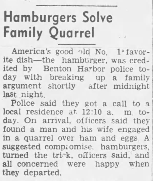 Happy #NationalHamburgerDay! There's nothing they can't do. (Herald-Palladium 1948, via @_newspapers)