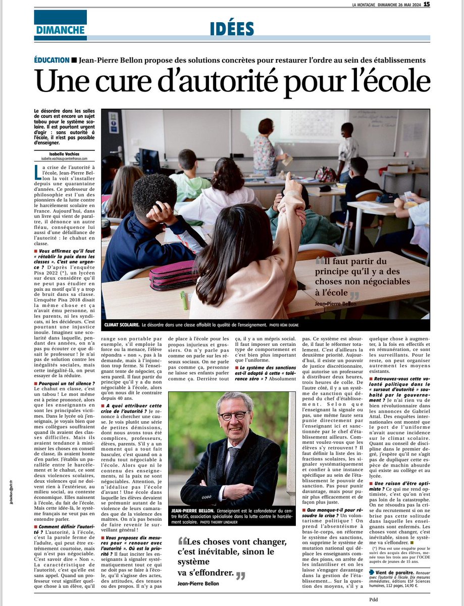 Dans un entretien publié par
<a href="/lamontagne_fr/">La Montagne</a>, <a href="/bellon_jp/">jean-pierre bellon</a> évoque l'urgence de rétablir la paix dans les classes et de restaurer la parole de l'adulte. Il évoque plusieurs des recommandations présentes dans son dernier ouvrage "Renouer avec l'autorité à l'école". #autorite #ecole